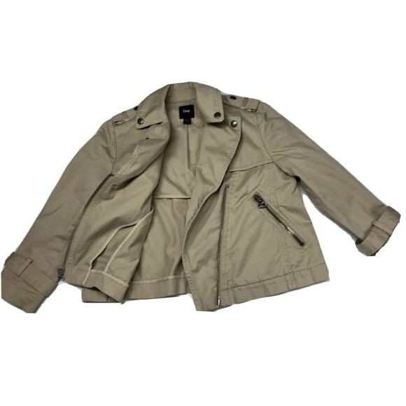 GAP Women’s Full Zip Biker Jacket Size XS Solid Khaki Beige Long Sleeves EUC - Picture 3 of 12